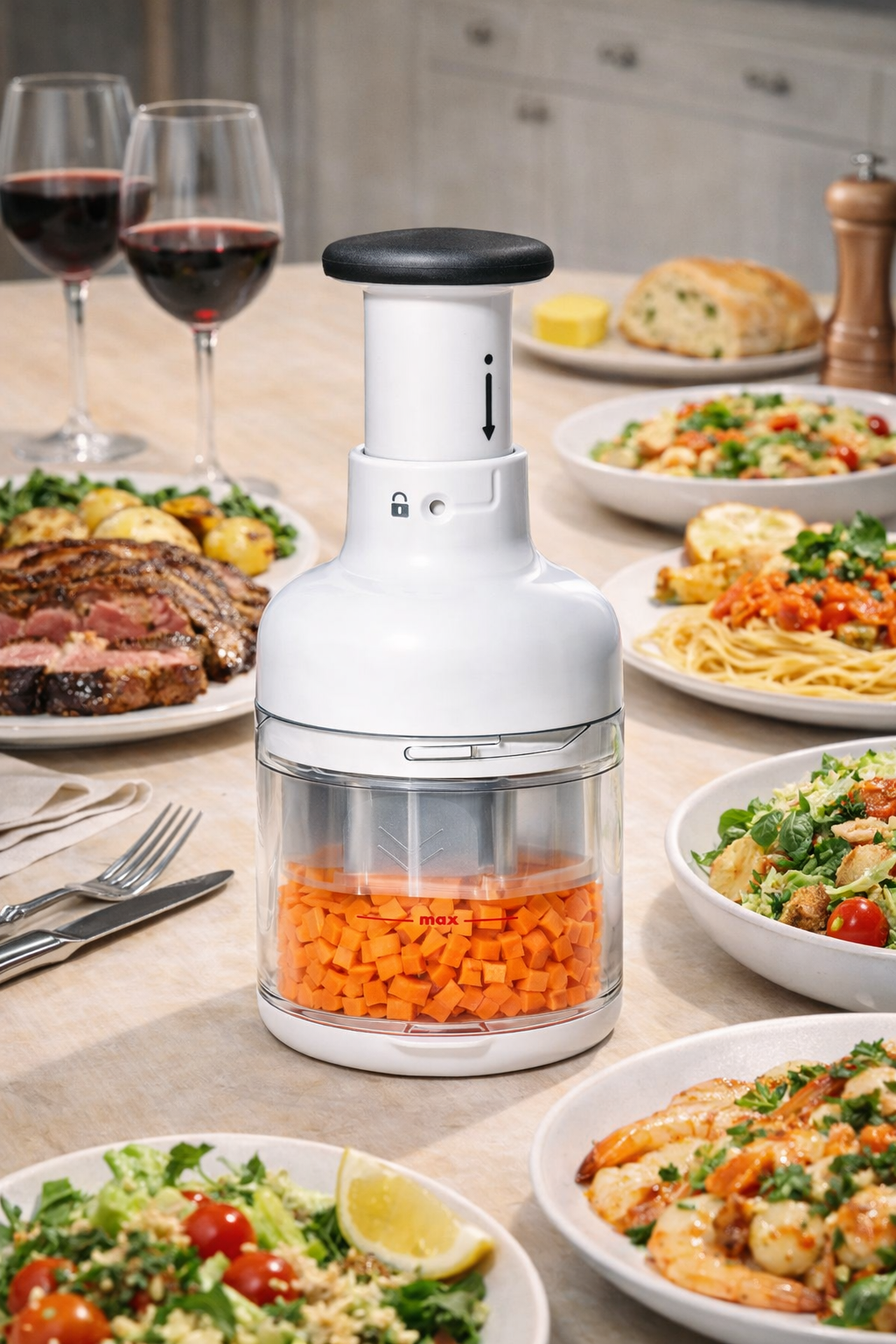 Beluvora® Manual Vegetable Chopper – Food Chopper with Rotating Stainless Steel Blade & Container for Onion, Garlic, Nuts and Vegetables