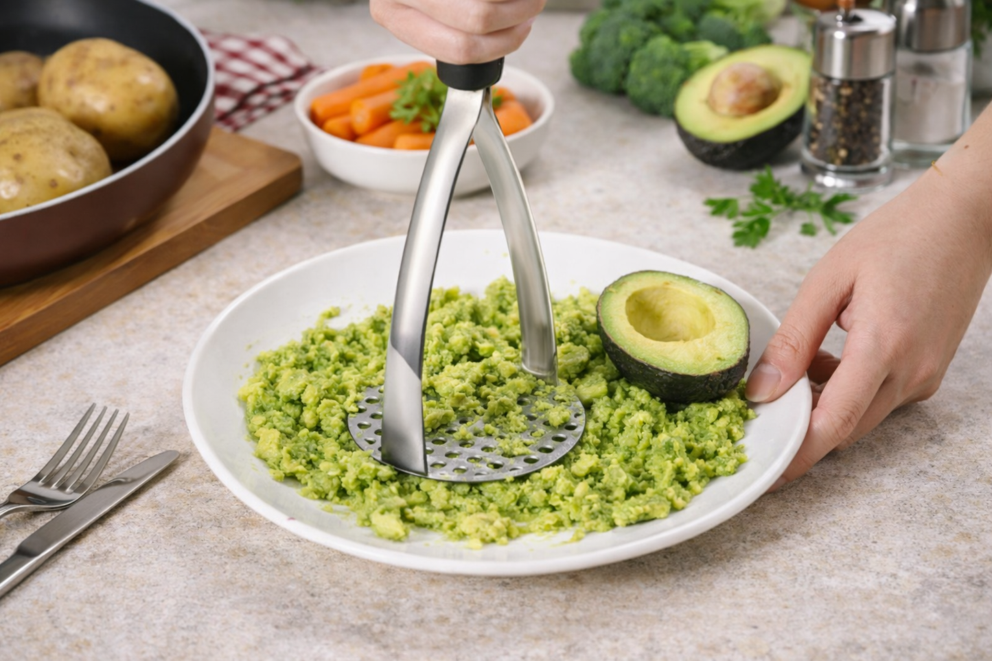 Beluvora® Heavy Duty Stainless Steel Potato Masher – Vegetable & Fruit Food Masher with Ergonomic Non-Slip Handle for Potatoes, Avocado, Banana, Baby Food