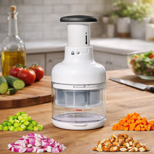 Beluvora® Manual Vegetable Chopper – Food Chopper with Rotating Stainless Steel Blade & Container for Onion, Garlic, Nuts and Vegetables
