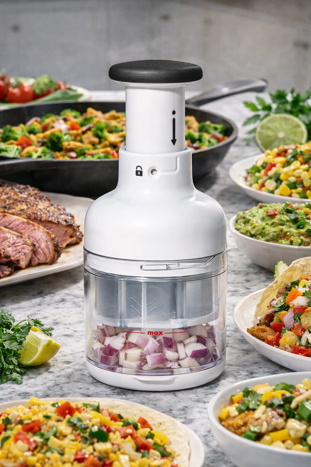 Beluvora® Manual Vegetable Chopper – Food Chopper with Rotating Stainless Steel Blade & Container for Onion, Garlic, Nuts and Vegetables