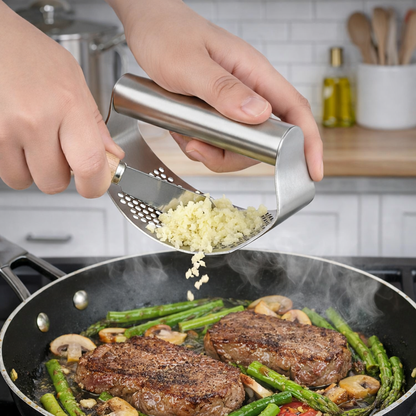Beluvora® Stainless Steel Garlic Press Rocker Garlic Crusher Manual Garlic Mincer Kitchen Tool with Peeler